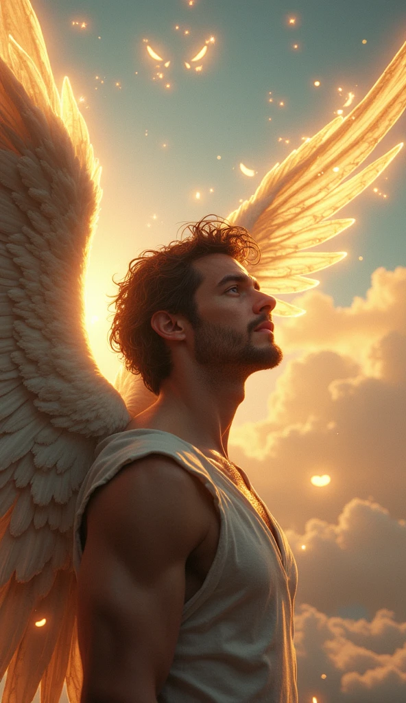 Please draw an angel who throws everything away and begs for his life.