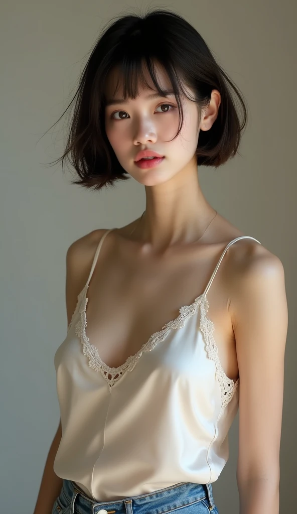 (Photorealistic),(High resolution close up), chest to head portrait of girl, Ultra detailed skin, centered subject with simply dark background,  deepshadow, beautiful lightning, award - winning photo,、flat breast、tiny chest、small tits、(Small bust:1.2)、Small bust、 (Very small、flat、small tit)、Soft belly、white  panties、full bodyesbian、White see-through camisole、short-hair、bobhair、