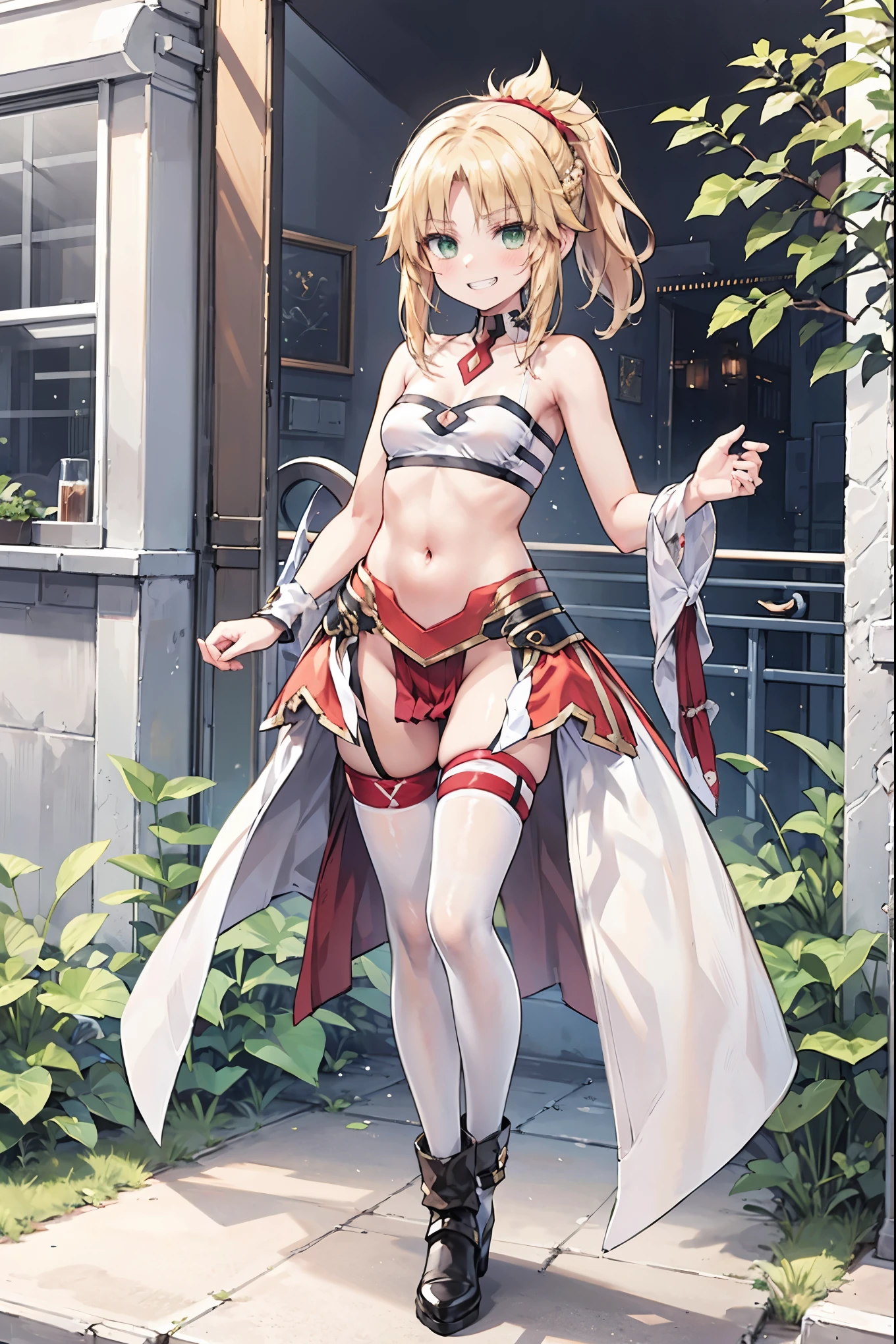 best quality, integrated scenery, integrated background, extremely delicate and beautiful, meticulous details, good composition, cute face, perfect face, perfect hands ,Masterpiece, Best Quality, illustration, city street, 1girl, Mordred \(fate\), collarbone, Detailed blond hair ponytail braid, green eyes,, White tubetop ,pelvic_curtain,navel,thigh-high,grin,(covered_nipples:0.6),skiny,big_smile,solo,boots,thigh-highs,groin