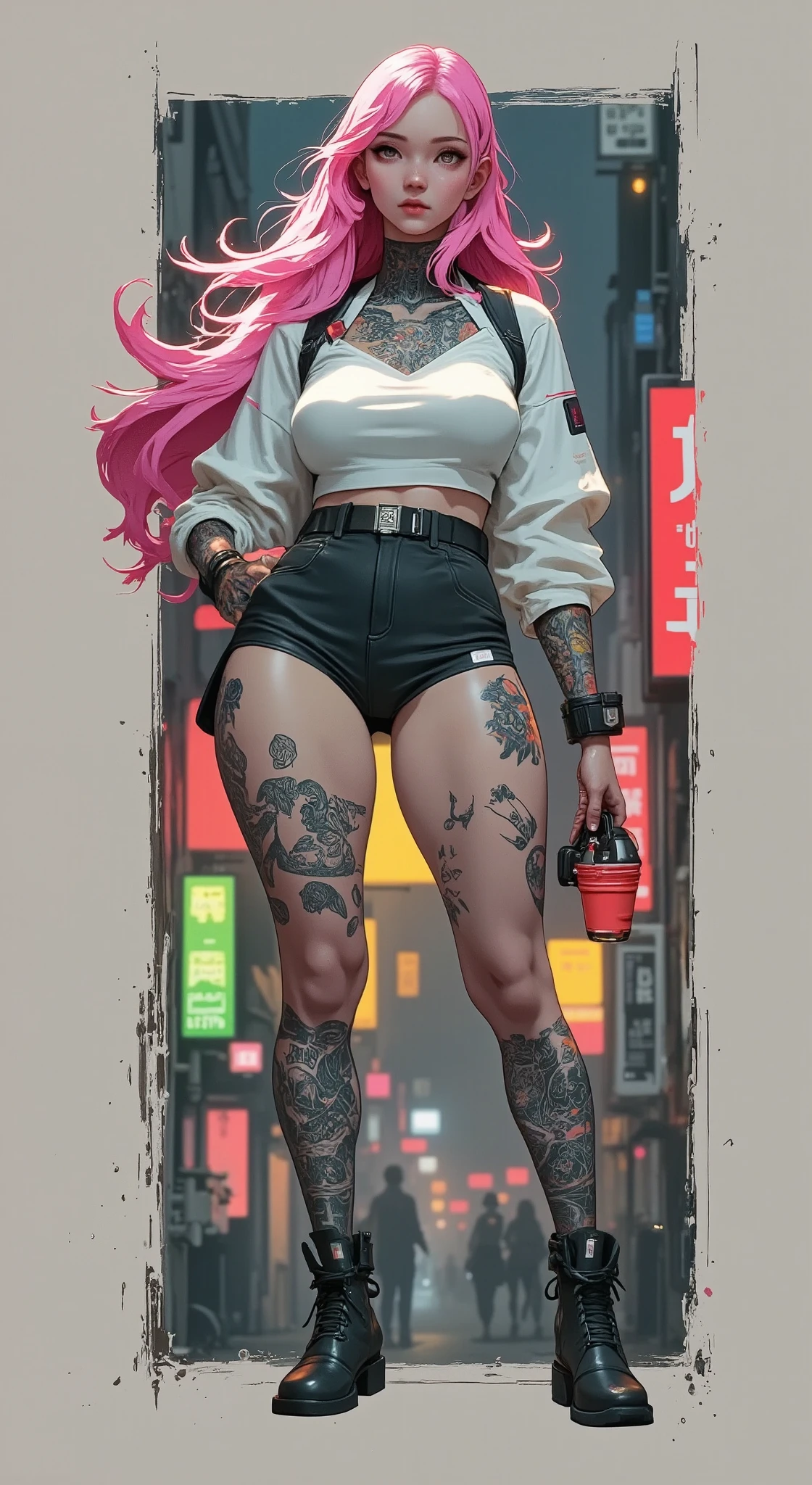 foreground,  anatomically correct x  , A voluptuous ,  wide hips,  Big breasts , , without showing private parts  ,  Young woman with long pink hair , tattooed body,  Wears a miniskirt and a white top ..,  Subtle view of her butt in a full body shot..,  detailed face and eyes ,  Intricate tattoo designs ,  cinematographic lighting  ,  photorealistic , 8K,  hyper detailed 