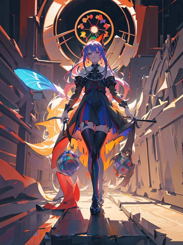 Low Angle View,. a woman with plague doctor mask and a outworn detailed cyberpunk Samurai jacket, panty, Tighs, striped Stockings ,surrounded by a vibrant and detailed neon spacescape. The background should be filled with stars and planets, adding a touch of wonder and mystery to the image. peaceful, symmetrical, hyper-detailed, sharp, high resolution, high quality, 32K, Ultra realistic, HD, super detailed, line art, abstract style