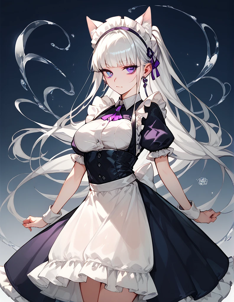 Semi-human , with cat's ears and tail ,  of white color and white hair, Wearing a maid's dress ( doesn't cover her breasts completely,  with transparent black fabric ) with intense purple eyes 