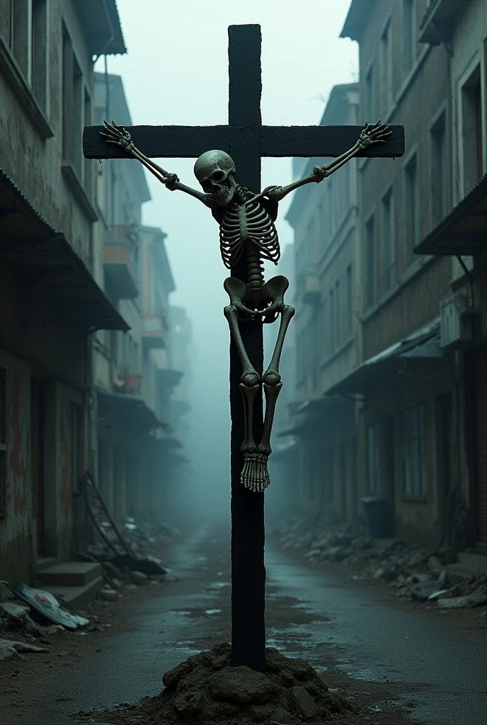 1 girl, realisitic, Raw photo, japanaese girl, (fullnude:1.9), (Beautiful and cute face:1.4), 18year old, bobhair, Black hair、(Crucifixion in an abandoned city:1.8), (Tie your arms and legs to the cross with barbed wire:1.5)、bao phan、Very heavy rain、The whole body is soaking wet、wetting hair、during night、thunderbolt