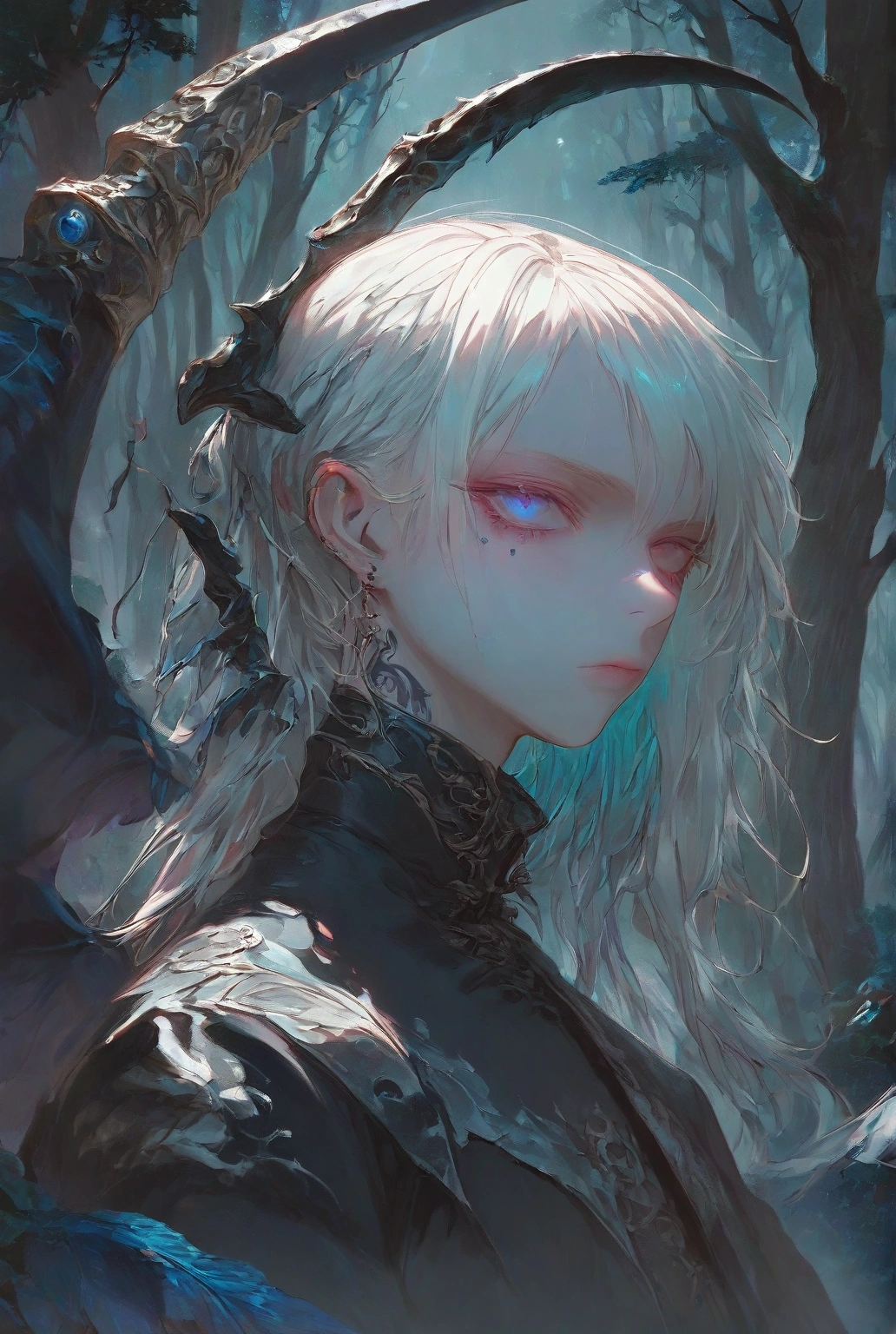 1boy,ethereal background, look at me, white hair, black jacket, red inner shirt, tattoo, portrait, dark art, dark fantasy, kawaii anime, masterpiece, ultra detailed,best quality, high quality,4k,8k,hdr,raw, he has gigantic sickle , in forest,