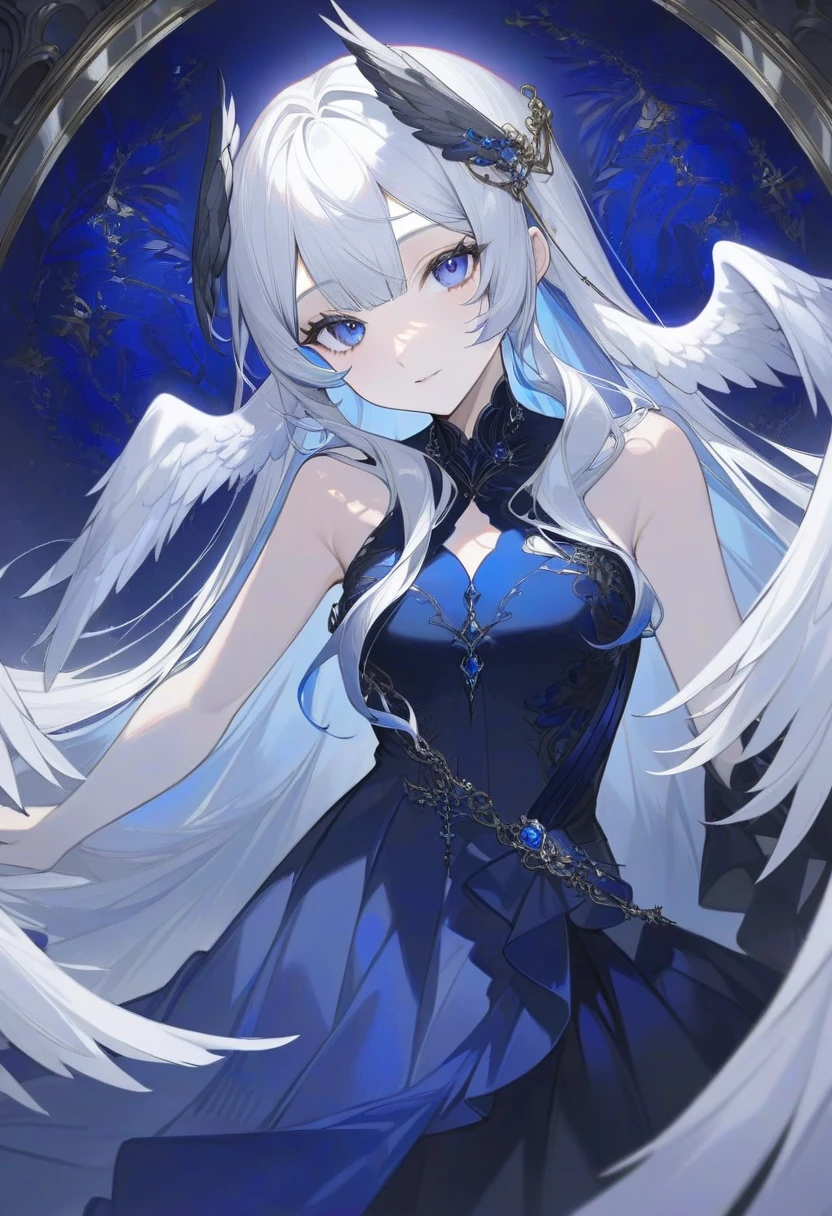 an incredibly beautiful woman with long shaggy bangs straight white hair with dark blue tips, sidelocks and sharp dark blue eyes with white lashes, wearing a long dark blue gown with off sleeves the skirt is mermaid style and 1 slit and a key hole in the middle it has silver thin chains around the chest and slit, it has multiple dark blue, pale blue, light blue and black roses around it with long black gloves and a white fur, white wings with blue tips, back wings, ear wings, head wings, in a portrait painting