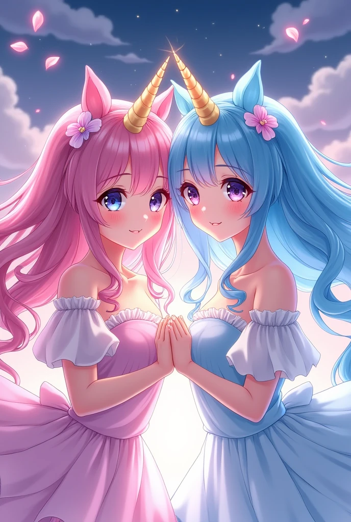 chibi, best quality, super fine, 16k, incredibly absurdres, extremely detailed, delicate and dynamic, two friendly beauties, happy, smiling, shy, purple eyes and braided low twin tails with gradient from white to purple at the ends, cute pose, close contact, sitting on a fluffy cotton candy-like cloud, analyzed iridescent pastel color background, vivid color impact, various image beauty effects, (magnificent view:1.3)