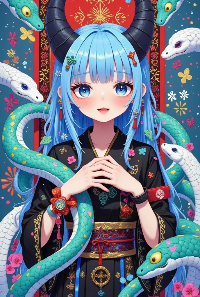   detailed drawing of an anime girl ， anime girl with blue hair and blue eyes，Surrounded by snakes , Kano Naizen , PIXIV TRENDS , Log in,  Japanese pop surrealism ,   Her many snakes are like hair  , Popular anime artwork, Anime style illustration,  detailed digital anime art, Popular anime art, Anime style artwork,  Artgem and James Jean,  anime-style digital art 