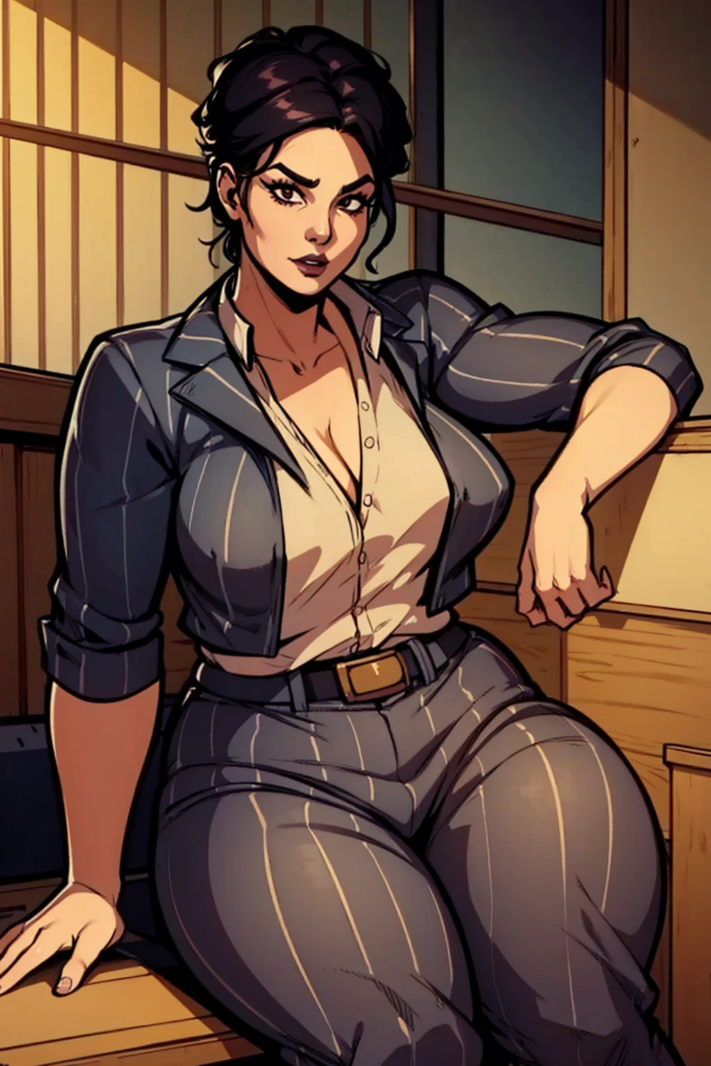 Digital art, angled view, sexy sitting pose, full curvy figure, mature woman, adult female, whole body, form-fitting, Jane Romero (Dead by Daylight game) inspired costume, pinstriped blazer, blouse, belt, pinstriped baggy pants that ends above the ankle, belt, flat office heels, 1woman, solo, upper body, lower body, ((Extremely Detailed)), ((Best Quality)), ((Masterpiece)), ((4k)).
