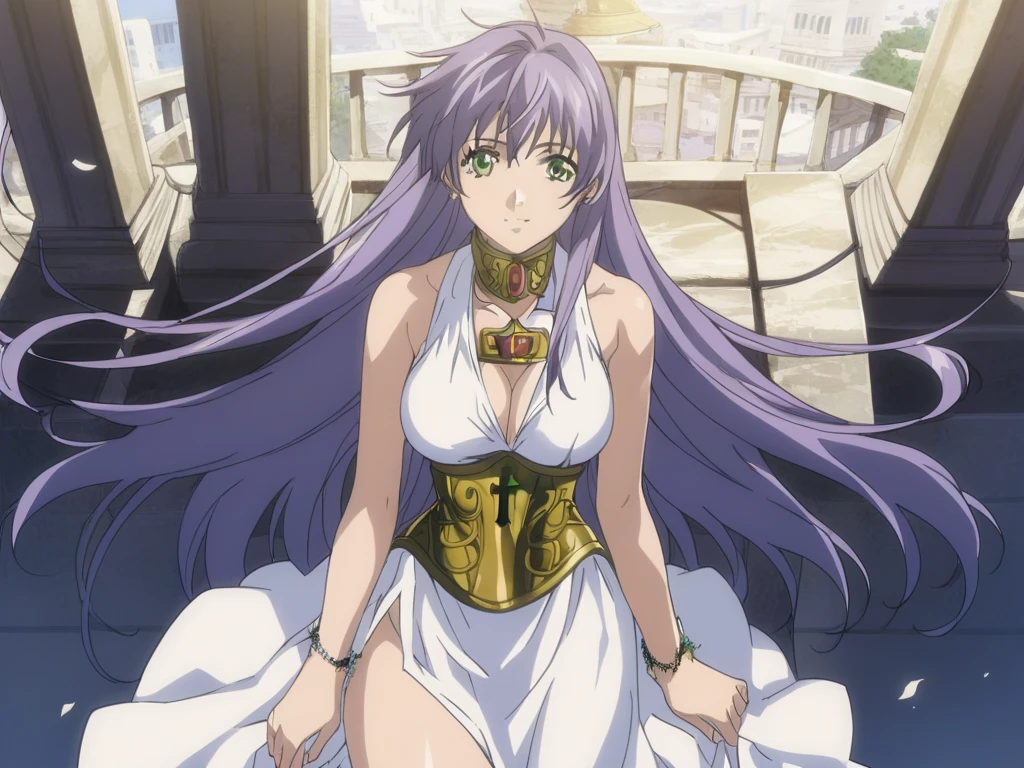  better quality , masterpiece , looking at the spectator , absurdres,1 girl, score_9, score_8_above, score_7_above,source_ anime ROMPS Sasha , green eyes, purple hair ,long hair, Big breasts, white dress1, dress, neckline, Petal bracelet, Golden belt, jewelry,  lyrics,  wallpaper , side opening, high opening, cross opening , Absolute Field , thighs,Architecture of Greece,outdoor, sunny, natural light