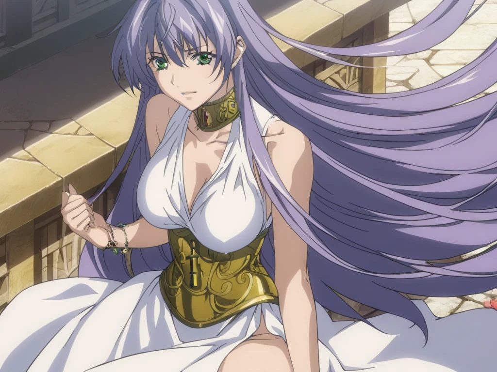  better quality , masterpiece , looking at the spectator , absurdres,1 girl, score_9, score_8_above, score_7_above,source_ anime ROMPS Sasha , green eyes, purple hair ,long hair, Big breasts, white dress1, dress, neckline, Petal bracelet, Golden belt, jewelry,  lyrics,  wallpaper , side opening, high opening, cross opening , Absolute Field , thighs,Architecture of Greece,outdoor, sunny, natural light