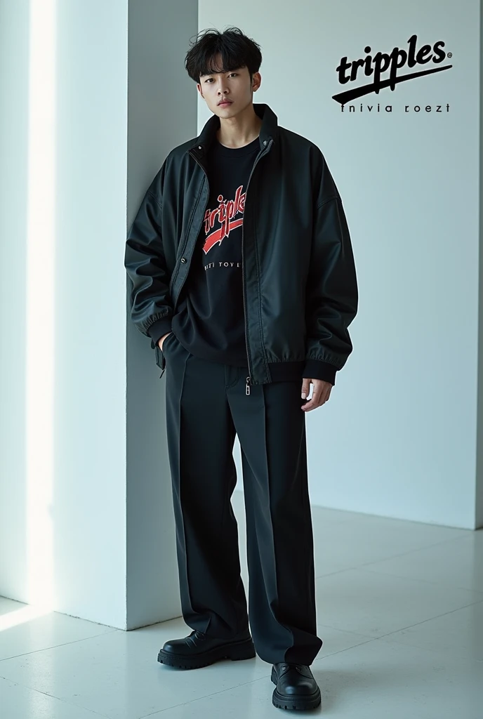 A . He is standing with the king chair . He is wear black coat pant.