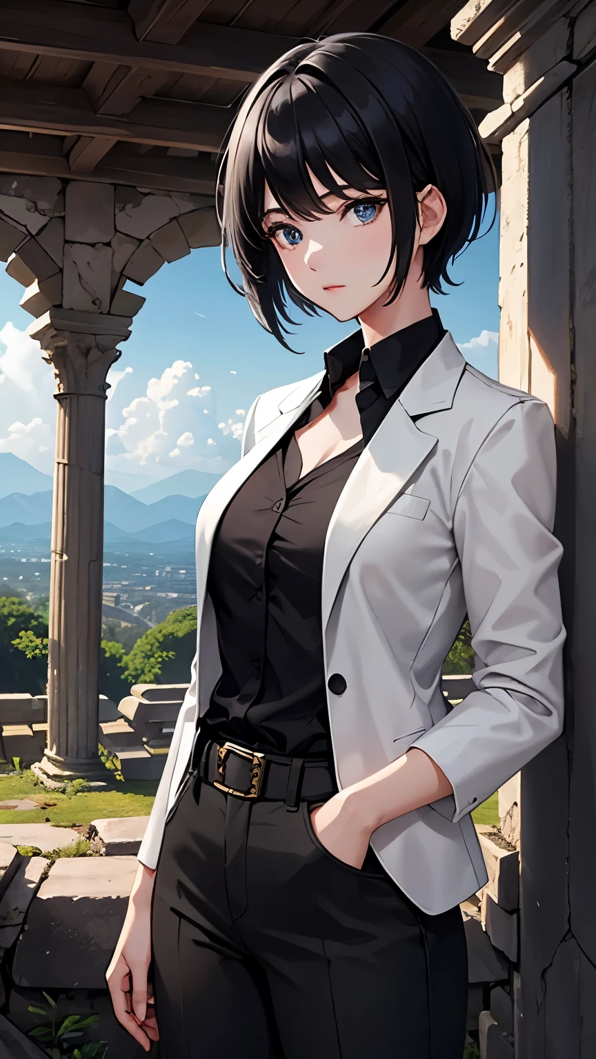 (Ancient City Ruins:1.2)、 best quality,  ultra high resolution with forest background,  girl,  black short hair ,  blue eyes, White jacket,  black pants , (Explore ancient ruins)、wallpaper、8k、