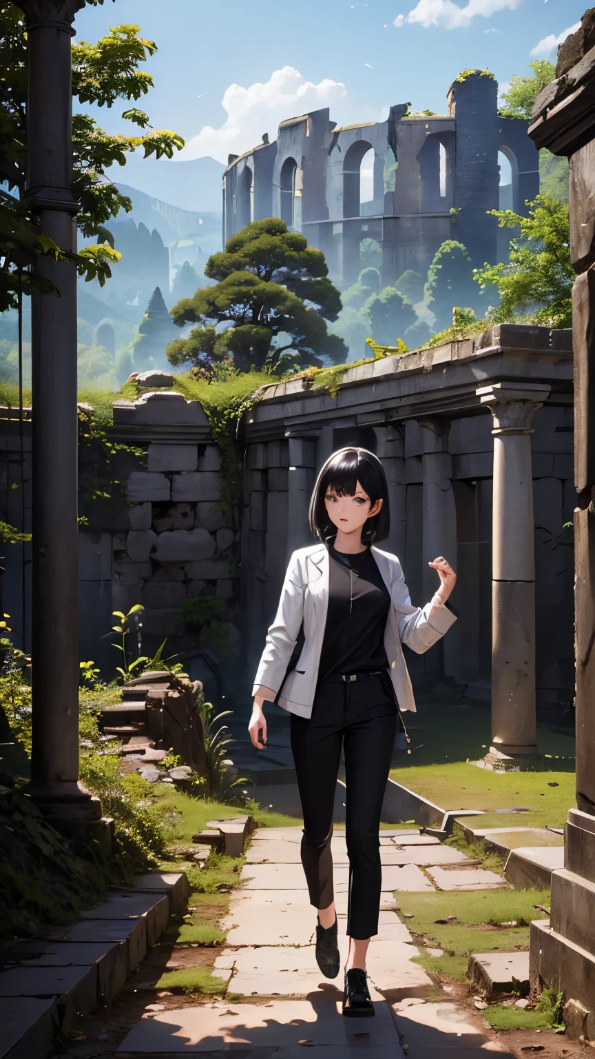 (Ancient City Ruins:1.2)、 best quality,  ultra high resolution with forest background,  girl,  black short hair ,  blue eyes, White jacket,  black pants , (Explore ancient ruins)、wallpaper、8k、