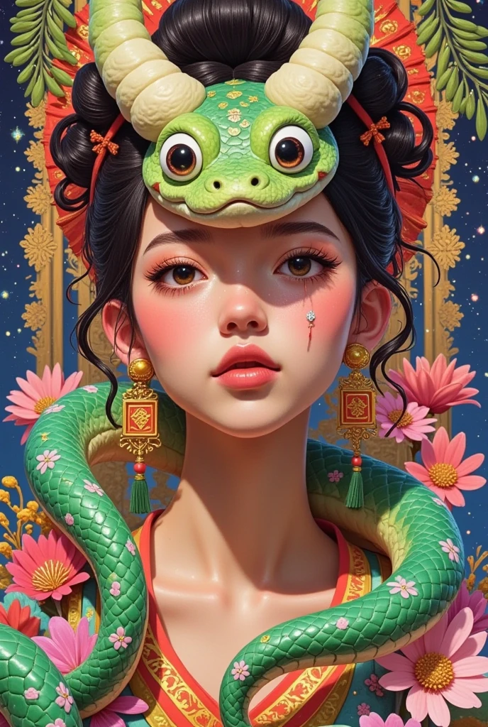  has a white snake with a headdress and snake tail, Digital rendering by Natasha Tan,  trending on cgsociety ,  pop surrealism,  lovely detailed digital art , Lady with a snake face ,  Serpentine Art , Cute digital painting, naoto hattori,  Snake Girl mixed race , Naoto Hattori,  Portrait of a sacred snake ,  beautiful animal pearl queen , Cute 3d rendering