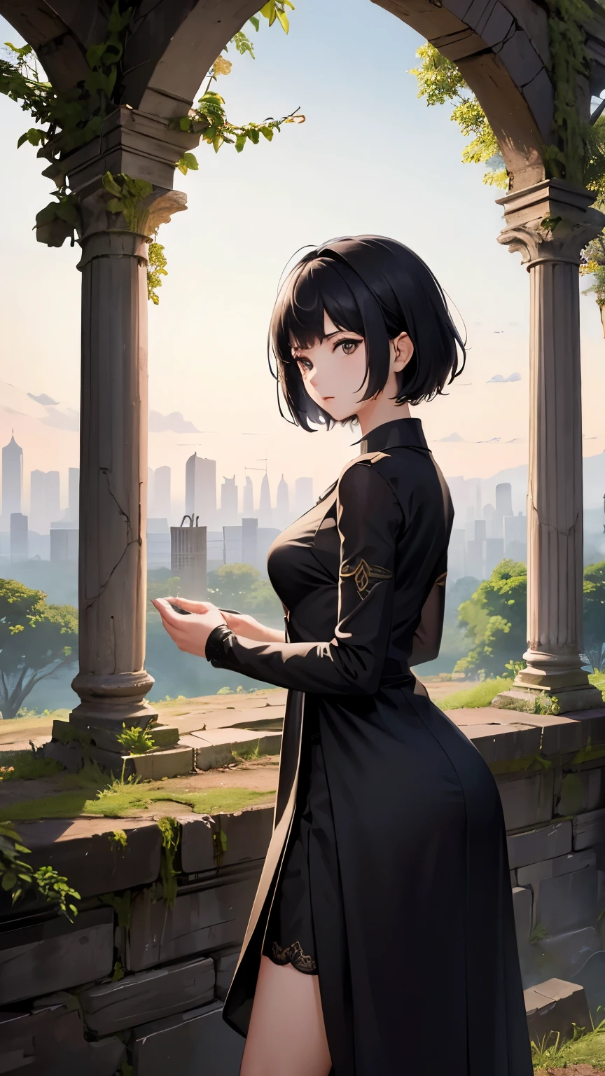 (Ancient City Ruins:1.2)、 best quality,  ultra high resolution with forest background,  girl,  black short hair ,  (Explore ancient ruins)、wallpaper、8k、