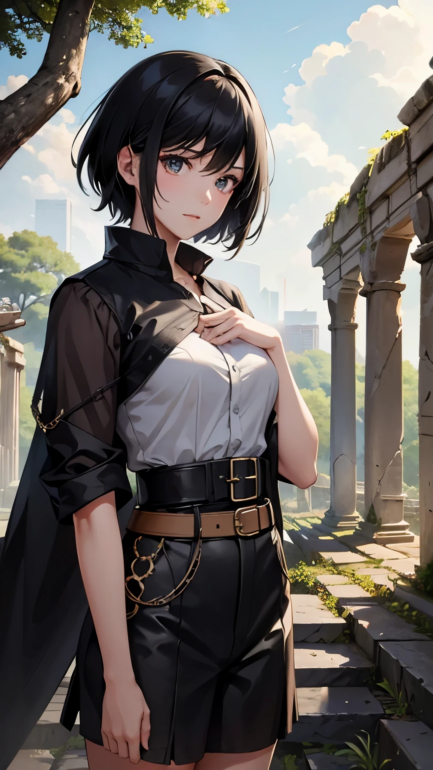 (Ancient City Ruins:1.2)、 best quality,  ultra high resolution with forest background,  girl,  black short hair ,  (Explore ancient ruins)、wallpaper、8k、