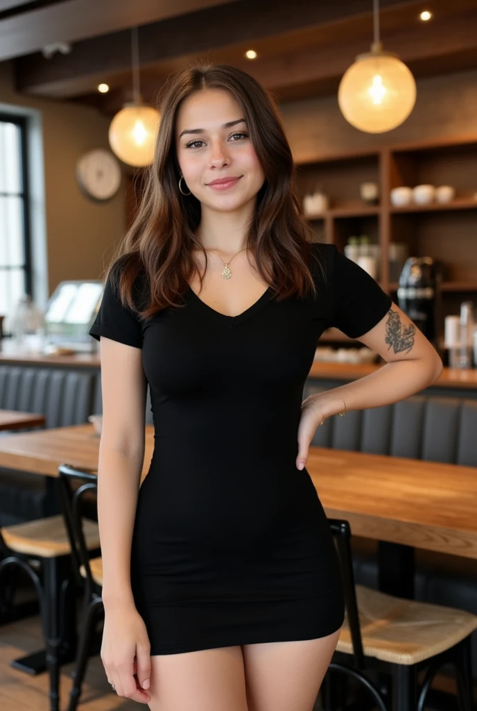 The image is a high-resolution photograph of a young woman  likely in her mid-20s, fresh-faced look with minimal  natural makeup look with a hint of pink lipstick. Wearing  dark black form-fitting, mini dress that accentuates her curves. She has no tattoos, Standing in a cafe