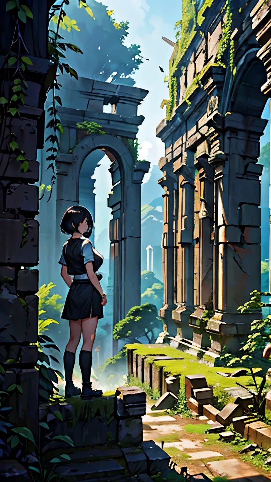 (Ancient City Ruins:1.2)、 best quality,  ultra high resolution with forest background,  girl,  black short hair ,  (Explore ancient ruins:1.2)、wallpaper、8k、