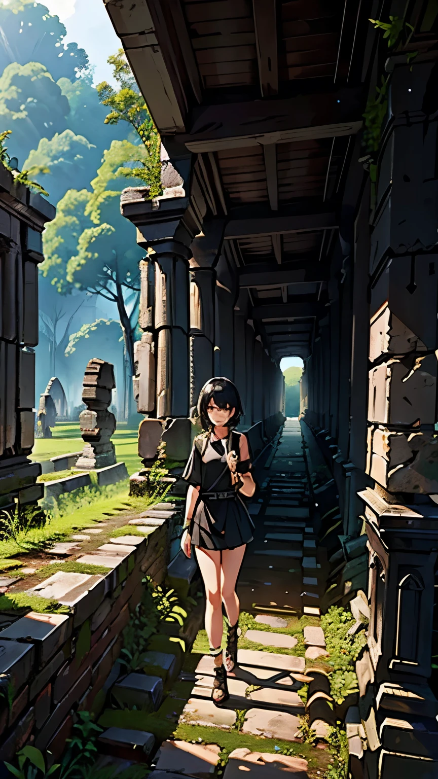 (Ancient City Ruins:1.2)、 best quality,  ultra high resolution with forest background,  girl,  black short hair ,  (Explore ancient ruins:1.2)、wallpaper、8k、