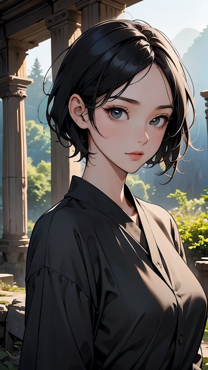 (Ancient City Ruins:1.2)、 best quality,  ultra high resolution with forest background,  girl,  black short hair ,  (Explore ancient ruins:1.2)、wallpaper、8k、