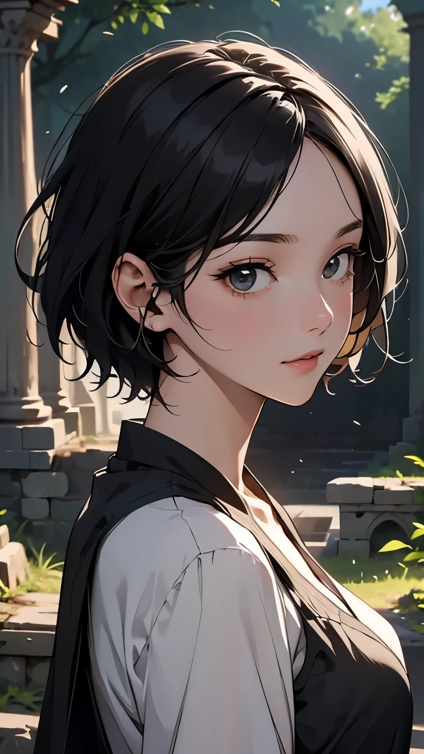 (Ancient City Ruins:1.2)、 best quality,  ultra high resolution with forest background,  girl,  black short hair ,  (Explore ancient ruins:1.2)、wallpaper、8k、