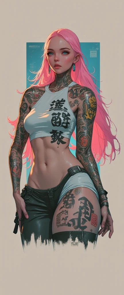 foreground,  anatomically correct x  , A voluptuous ,  wide hips,  Big breasts , , without showing private parts  ,  Young woman with long pink hair , tattooed body,  Wears a miniskirt and a white top ..,  Subtle view of her butt in a full body shot..,  detailed face and eyes ,  Intricate tattoo designs ,  cinematographic lighting  ,  Photorealistic , 8K,  hyper detailed 