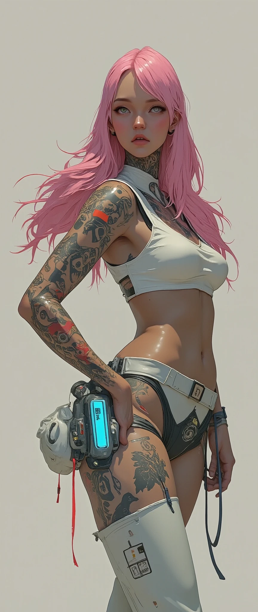 foreground,  anatomically correct x  , A voluptuous ,  wide hips,  Big breasts , , without showing private parts  ,  Young woman with long pink hair , tattooed body,  Wears a miniskirt and a white top ..,  Subtle view of her butt in a full body shot..,  detailed face and eyes ,  Intricate tattoo designs ,  cinematographic lighting  ,  Photorealistic , 8K,  hyper detailed 