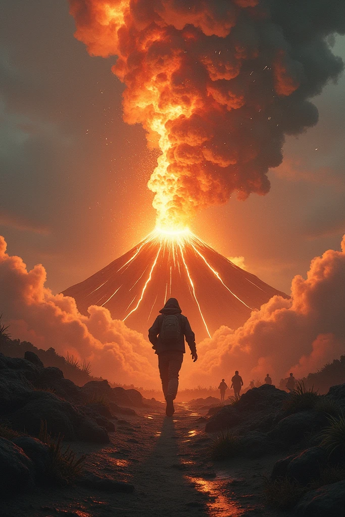 One man, and in the background a volcano l in nuclear explosion, only one man. Detailed realistic illustration. 8k.
