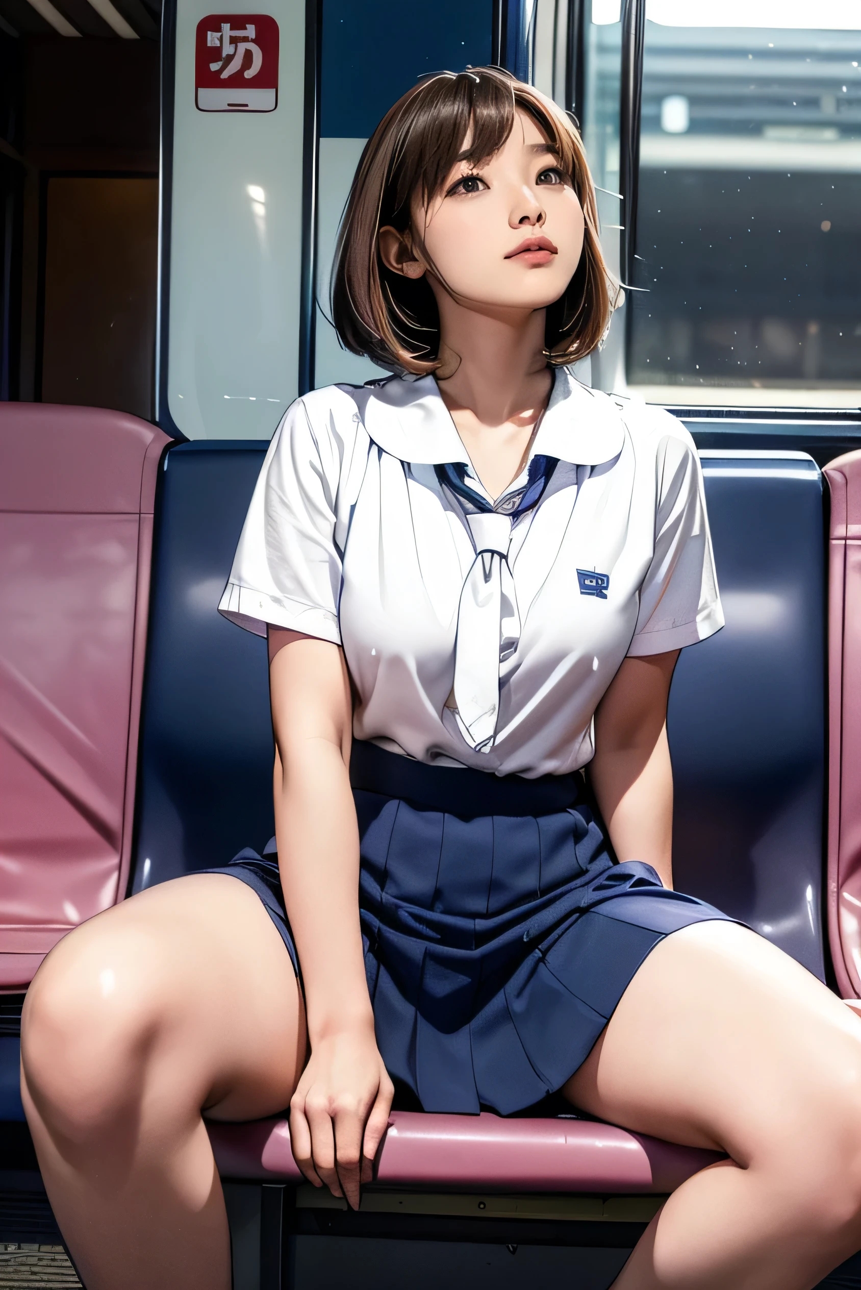 top-quality,ultra - detailed,tmasterpiece,hentail realism,Photorare,Bright lighting,1 girl in, an extremely beautiful , (kawaii:1.2),Thin smile, (Brown eyes),(Brown hair),(short-hair),perfect glossy shiny skins,flawless skin,((erotick,Sexy and sexually explicit)),((Exact pointers,No discomfort)), large full breasts,big breasts thin waist, looking at viewert,((Navy blue cardigan)),((Long sleeve uniform white shirt)),(Blue Ribbon),(plaid skirts),(((skirt lift by yourself))),(lifted by self),(((showing panties))),panties on,Panty Focus,((Sit up,Spread your legs apart)), sockes, (Black knee socks),(Loafer shoes), In the daytime,On the train,Horizontal bench seat,Turn your back to the window、wears glasses