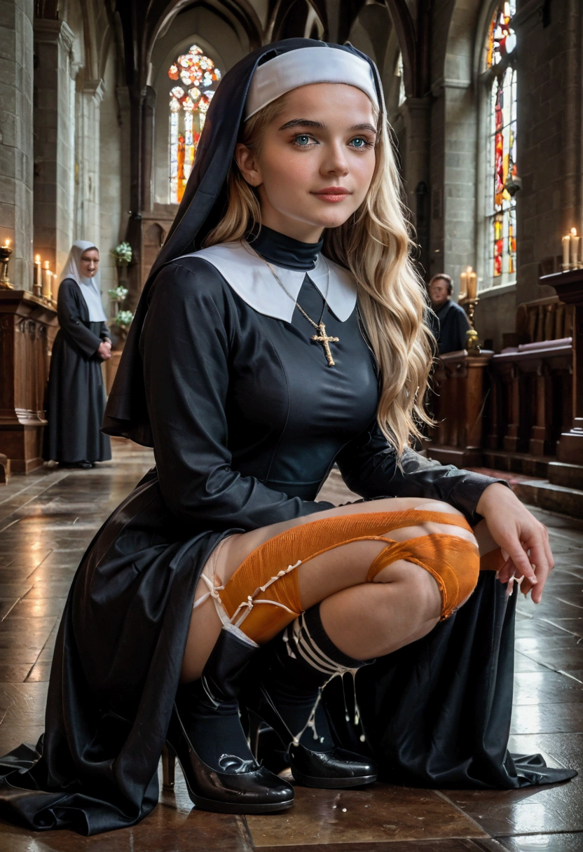 woman in her 20s, (perfect face), defined jawline, beautiful lips, deep beautiful dark blue eyes, long flowing blonde hair, long legs, small foots, black gothic nun outfit, (sexy), cross necklace, squatting, (dripping white cum:1.2), (white high heels:1), excited expression, long lingerine socks, warm lighting, looking at viewer, (medium shot photograph), church altar background, photorealistic, highres, masterpiece, looking at viewer, (RSEEmma:1.5), cleavage, 