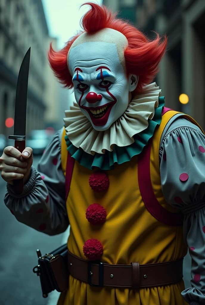 A 45-year-old man dressed as a terrifying clown, with smudged makeup, sharp, blood-stained teeth, and gruesome blood splatters on his face. His expression is intensely horrifying, with twisted, evil features that make his face 1,000 times more frightening. He wears a clown hat, has brightly colored curly hair, and glowing, terrifying eyes. He's pointing upward with both hands and looking up, dressed in blood-stained clown clothes, standing closer to the camera, against a green chroma key background