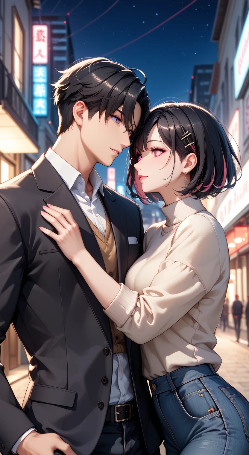 1boy 1girl cuddeling each other, brown eyes, wearing all black suit together, close up, city, absurdres, high res, ultrasharp, 8K, masterpiece, looking at eacht other