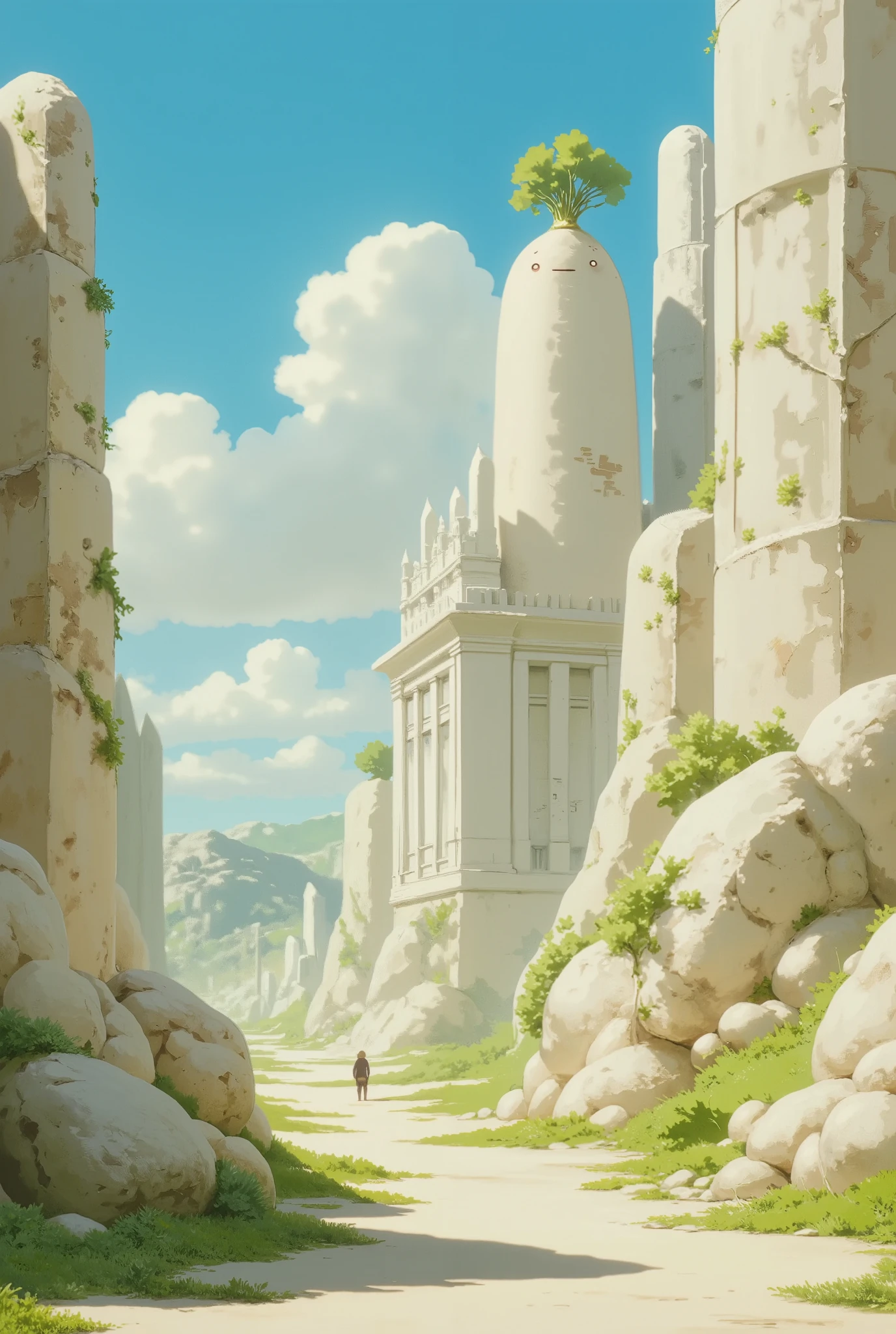 (masterpiece:1.2,Exceptional Quality,Mirror-like, Movie-like Experience , best illustration :2.0, super detailed.2.0),16k,wallpaper,(Japan's white daikon planet :2.0),(Ruins of an ancient city:2.0),( Ruins of an ancient city of an ancient advanced daikon civilization that collapsed:2.0),( cramped with unknown ancient daikon statues :2.0),(moss:2.0),(Fresh greenery encourages natural regeneration :2.0),( Studio Ghibli:2.0),( Anime Artwork ),( dynamic:2.0),(Spectacular landscapes:2.0)