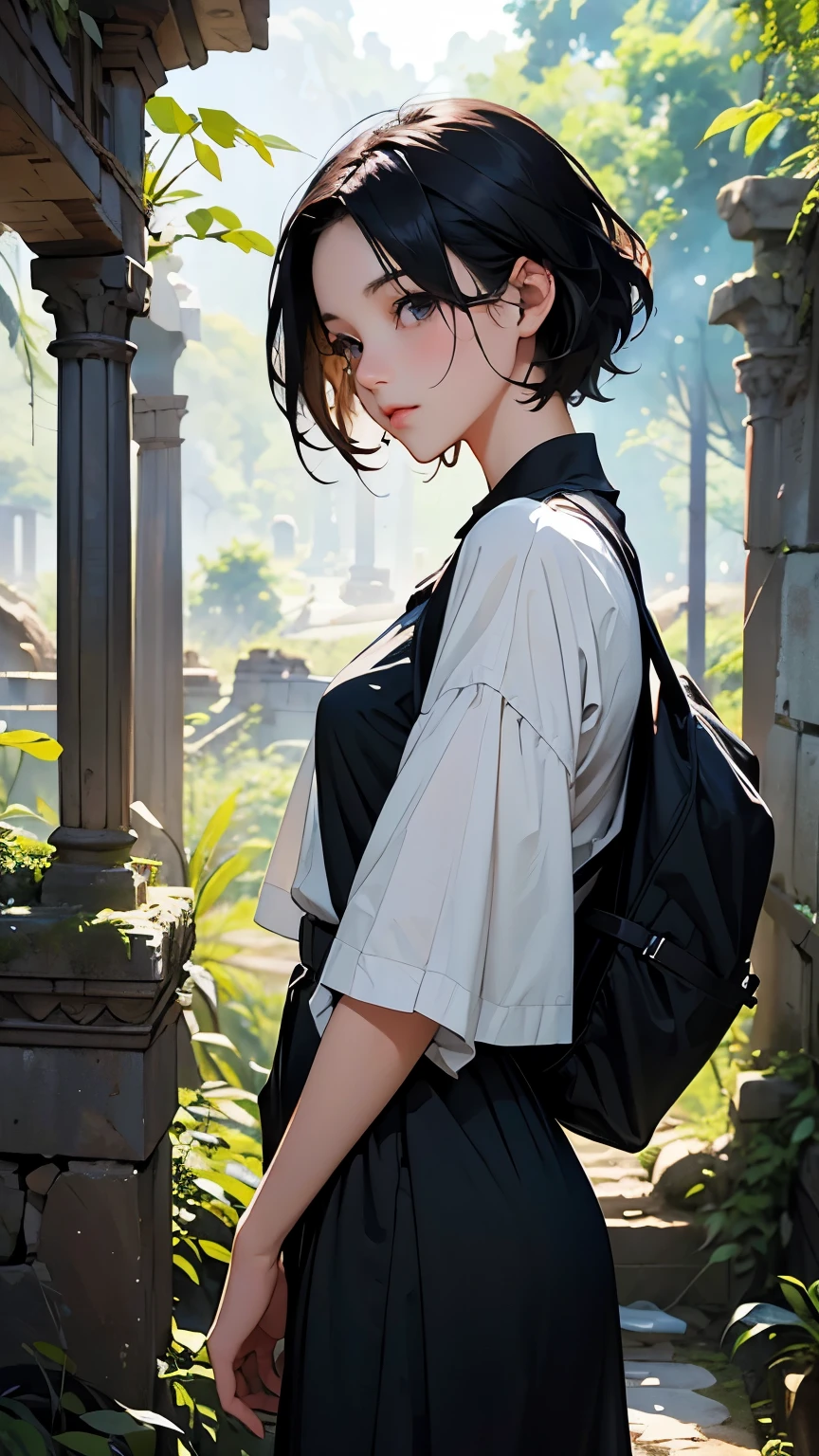 (Ancient City Ruins:1.2)、 best quality,  ultra high resolution with forest background,  girl,  black short hair ,  (Explore ancient ruins:1.2)、wallpaper、8k、