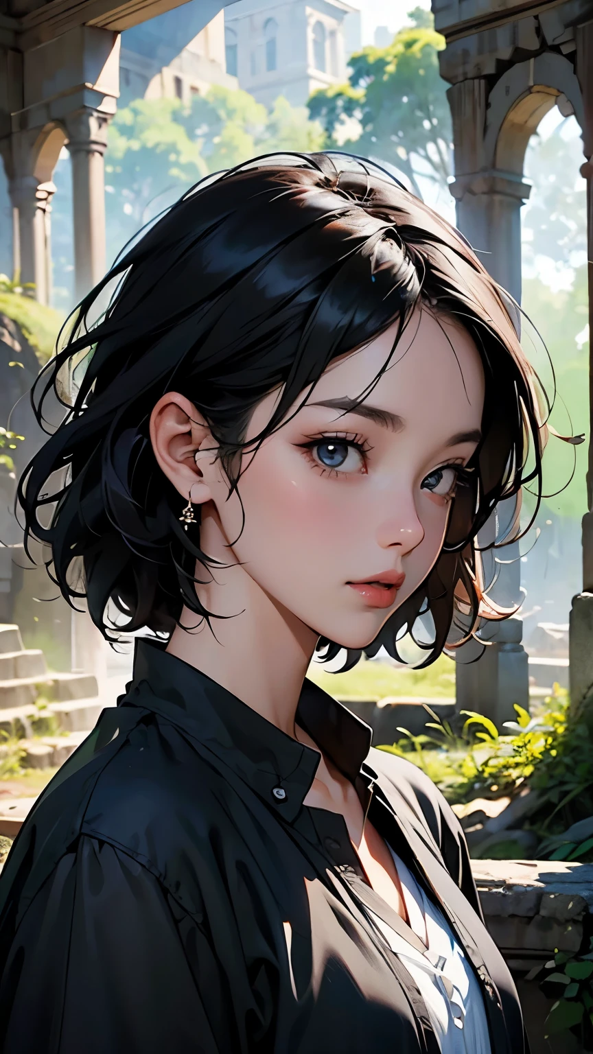 (Ancient City Ruins:1.2)、 best quality,  ultra high resolution with forest background,  girl,  black short hair ,  (Explore ancient ruins:1.2)、wallpaper、8k、