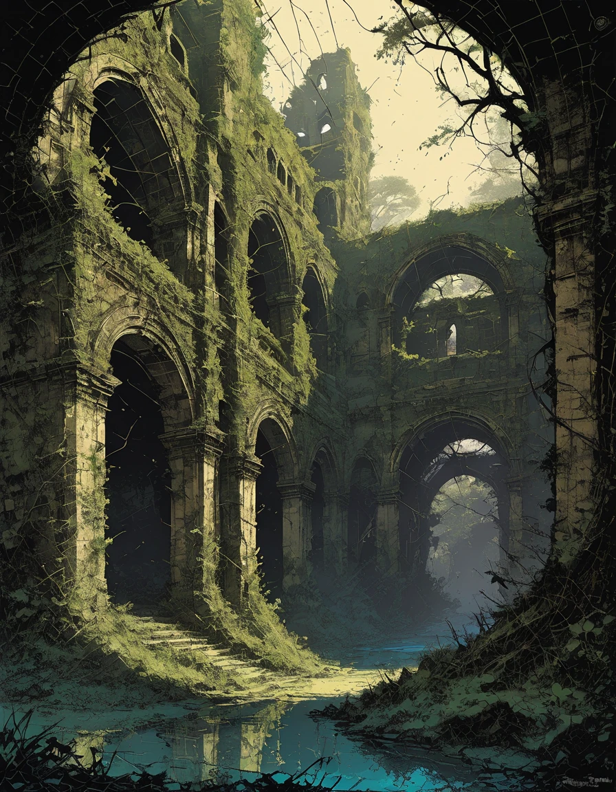 "ruined ancient city" themed illustration, ruined ancient. overgrown with vegetation, sunlight streaming through archways, intricate architectural details, mossy covered walls, mysterious atmosphere, dramatic lighting, fantasy landscape, muted color palette, Underground comix, Art of Dave Sim, Inspired by Dave Sim, Cerebus style. by Enki Bilal, hatching, Hatching Techniques. Stylish Art, Paul Gustave Doré art, drawing, dramatic shadows