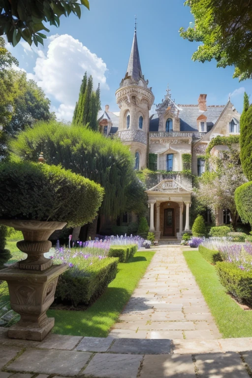 (Photo-realism), (Best quality, masterpiece, full of details), mansion with two towers, many trees, Colorful garden, flower pots, old mansion, white stone path, green grass, blue sky, sunshine, brown brick mansion, ultra HD