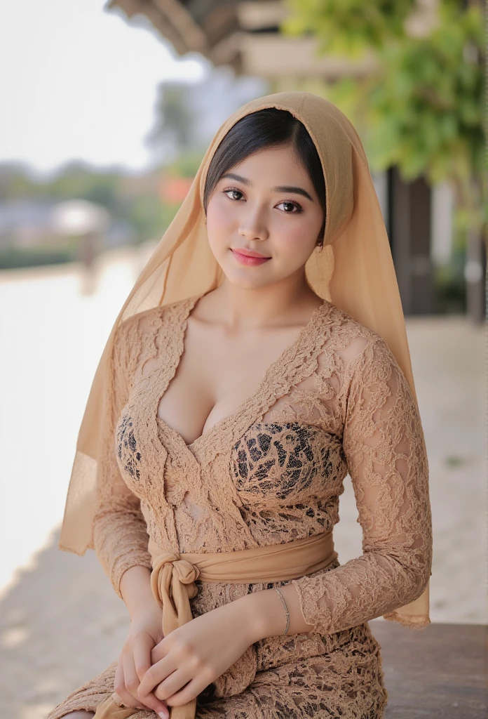 (8K Portrait:1.1, realistic lighting), ((Realistic lighting, Best quality, 8K, Masterpiece: 1.3, hyper realistic)), indonesian hijab girl wearing see through unbuttoned kebaya bali,  full hijab, ((nude see through unbuttoned kebaya bali)), (open breast, breast out), White Skin, Perfect Potrait, Bokeh Effect, Look at camera, ((adorable:1.2)), ((masterpiece:1.1)), ((bokeh:1.2), flirting eyes,Supene face, double eyelids,((Realistic lighting, Best quality, 8K, Masterpiece: 1.3, hyper realistic)), Clear focus: 1.2, (large saggy breasts: 1.3), open breast, breast out, slightly chubby, beach background, double eyelids, naughty smile, seductive standing pose , upper body