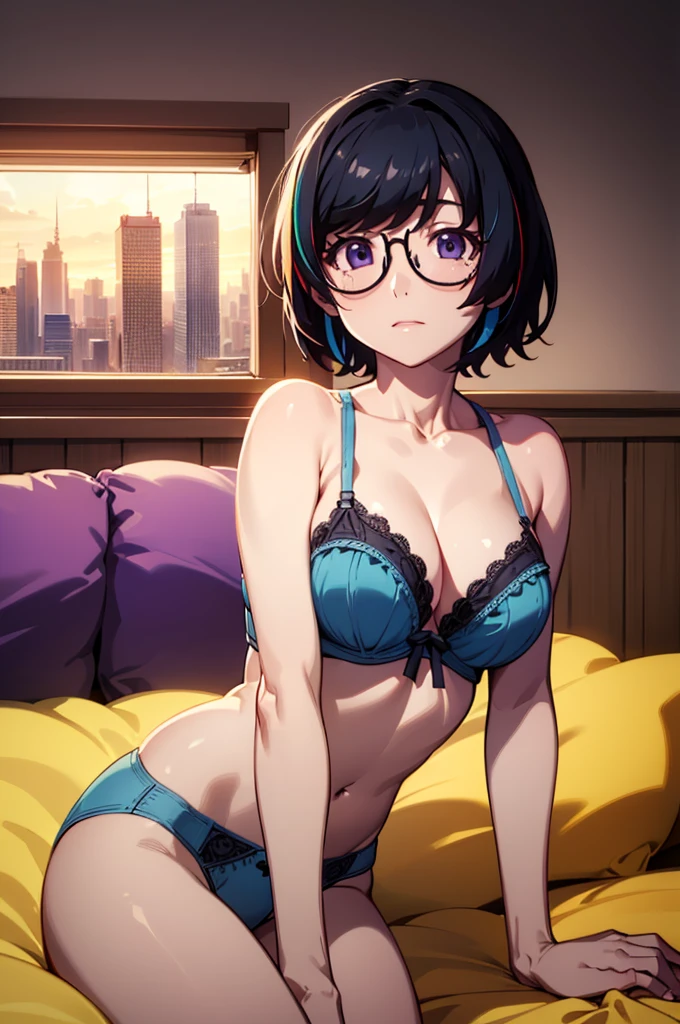 ,(High Quality, Vivid Colors, Studio Lighting)(High Resolution, Ultra High Resolution), road、City、null、Short Hair、Green Bra、Blue panties、Black Hair　Big Breasts　lingerie style glasses　room、Purple Eyes
