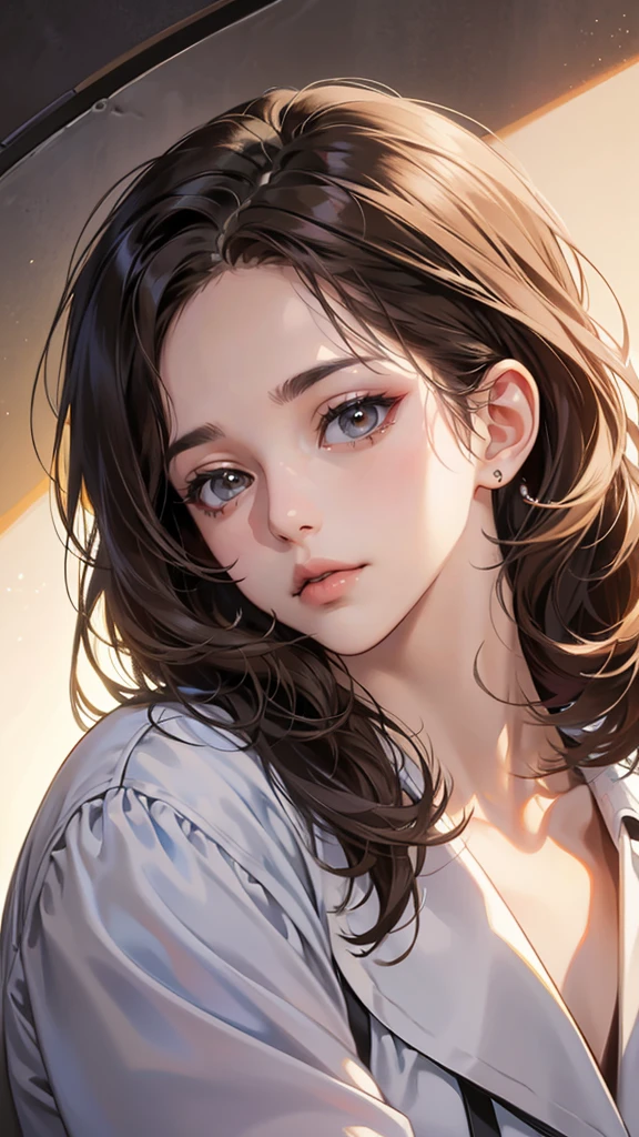 Close up portrait of a woman with brown hair and brown shirt。, cute realistic portrait, Realistic anime 3d style, Photorealistic anime girl rendering, realistic 3d animation, realistic art style, 8K portrait rendering, realistic cute girl drawing, realistic art style, Smooth anime CG art, anime realism style, realistic beautiful face, realistic young anime girl