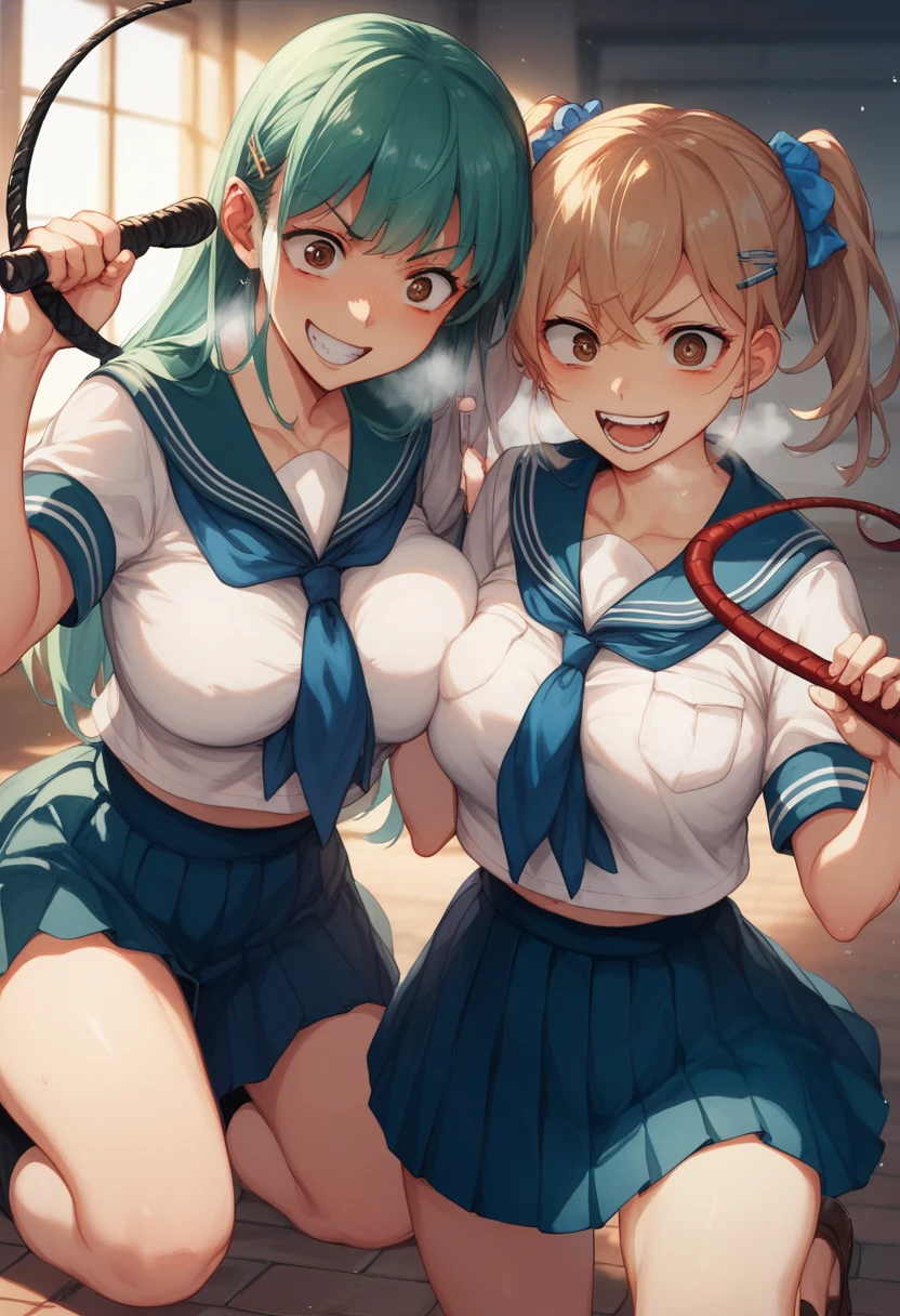 The background is a dark basement made of bricks 、Two women in their 20s with big breasts 、 Brown Eyes  、Yakumo Beni,  Let me wear school uniforms or sailor uniforms、パンチラ  holding a long whip in their hands ,  床に鞭を置け composition showing the floor from the ceiling 、cute anime style picture, rough breathing,  condescending face、Crazy Eyes,  crazy smile , 