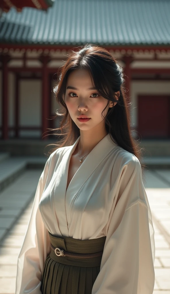 very beautiful, very big breasts, Teenage Korean woman wearing revealing hanbok, in the palace