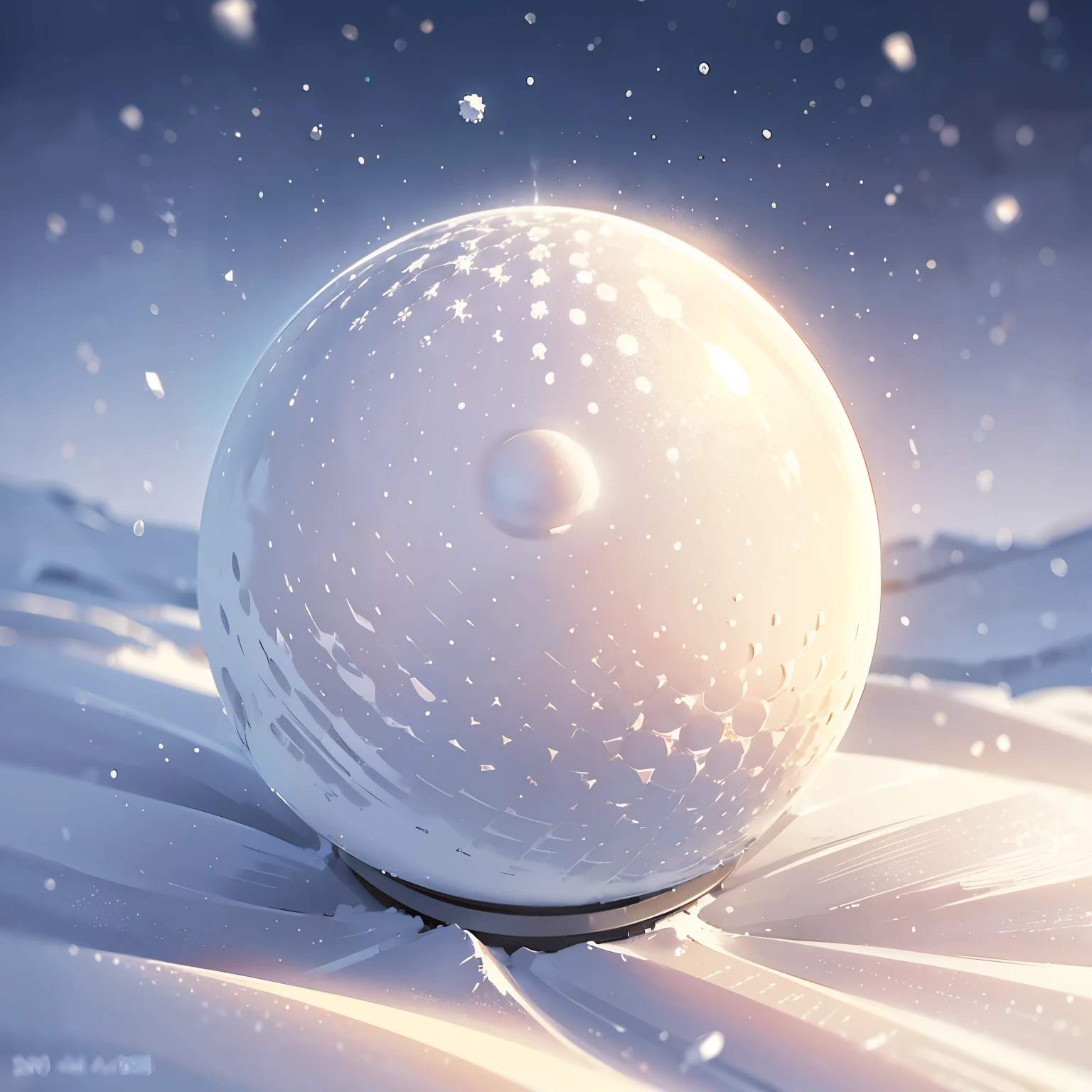 1 mechanical ball, covered in snow, (2024), winter, white snow, cold atmosphere, detailed texture, metallic surface, frosty, outdoors, snowy landscape, soft lighting, high contrast, best quality,masterpiece