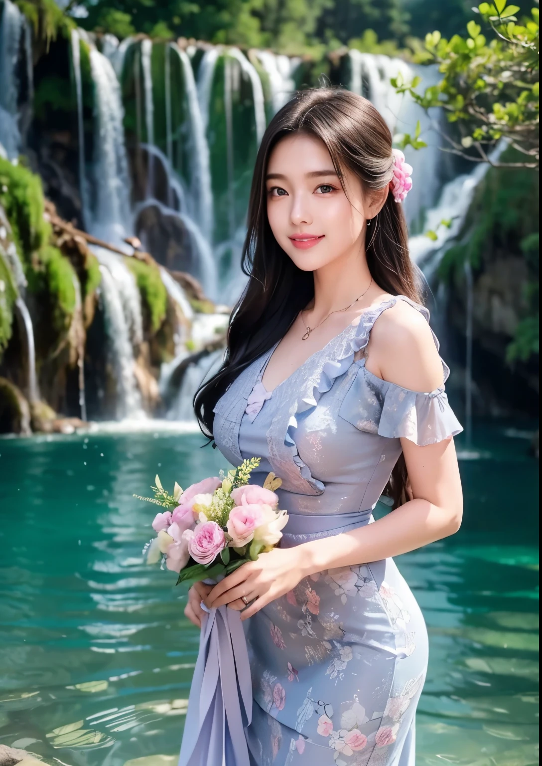 best quality,4k,8k,highres,masterpiece:1.2,ultra-detailed,realistic:1.37,portraits,colorful,soft light,Korean girl, ((Plitvice Waterfalls, Croatia)), flowing hair,beautiful detailed eyes,beautiful detailed lips,longeyelashes,natural beauty,fresh and vibrant, (Chiffon Flower Frill Ruffle Uncut String Ribbon Shirring V- V-Neck Floral Lace Myanmar Dress ), Wet dress, holding a bouquet of flowers,pure happiness,Australian wilderness,serene atmosphere,cascading water,emerald green,refreshing mist,peaceful retreat,harmony with nature,sunset silhouette,enchanting scenery,romantic mood,((smile:1.2)),