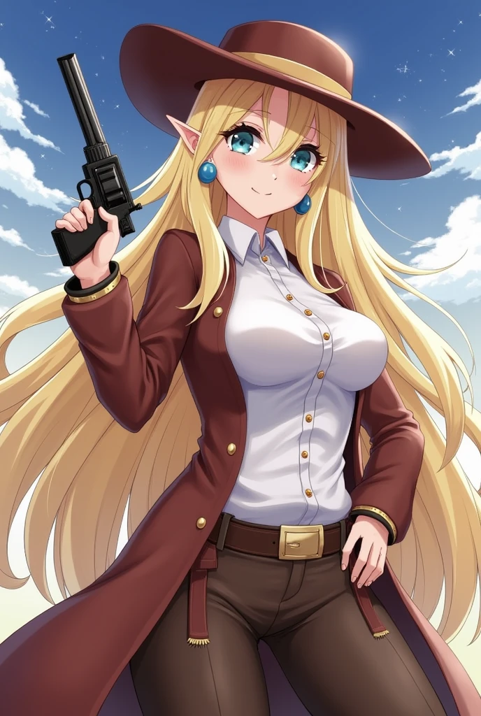 Highest quality, Blonde、Golden Eye、Big Breasts、topless、With a revolver、Brown mini skirt、Ten-gallon hat、Western Boots、Emphasize the chest、Fearless smile、Erect nipples、