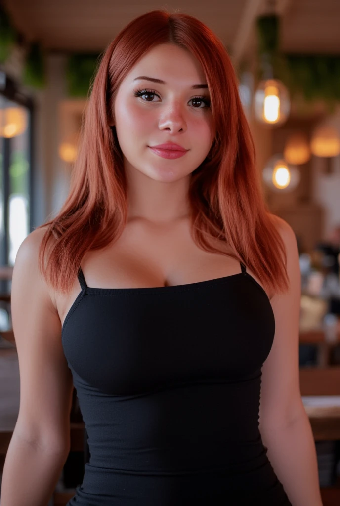 The image is a high-resolution photograph of a young woman  likely in her mid-20s, fresh-faced look with minimal  natural makeup look with a hint of pink lipstick. redhead wearing dark black form-fitting, mini dress that accentuates her curves. She has no tattoos, Standing in a cafe, madikat