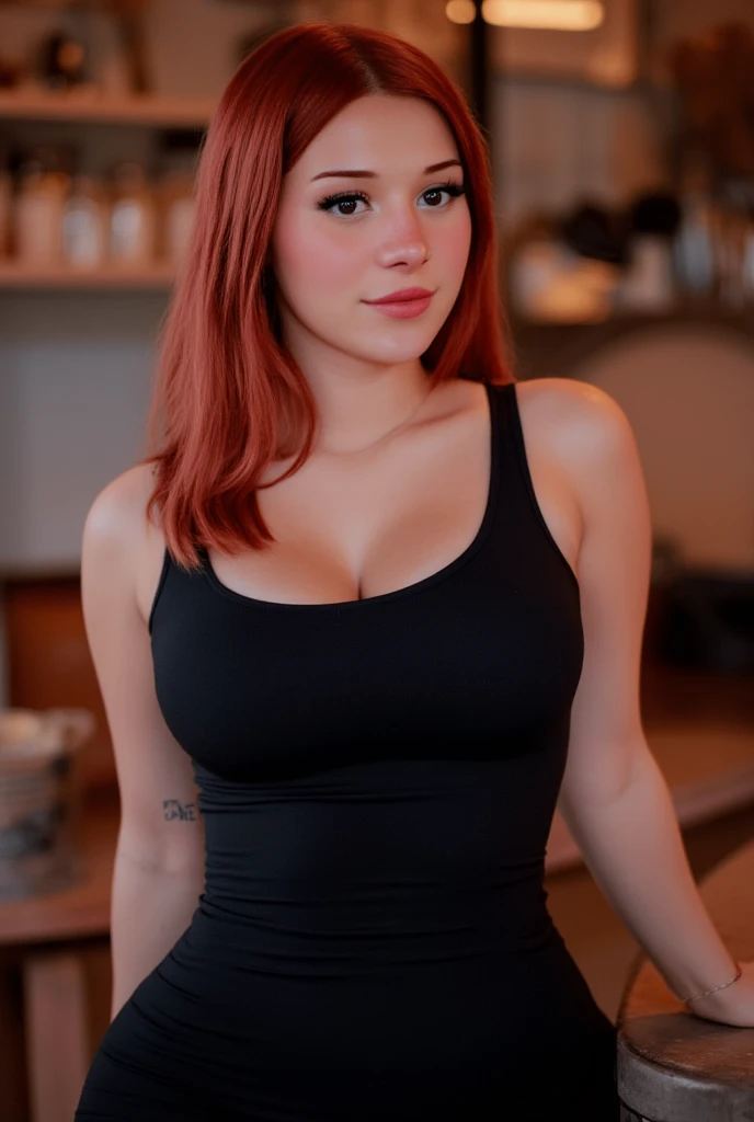 The image is a high-resolution photograph of a young woman  likely in her mid-20s, fresh-faced look with minimal  natural makeup look with a hint of pink lipstick. redhead wearing dark black form-fitting, mini dress that accentuates her curves. She has no tattoos, Standing in a cafe, madikat