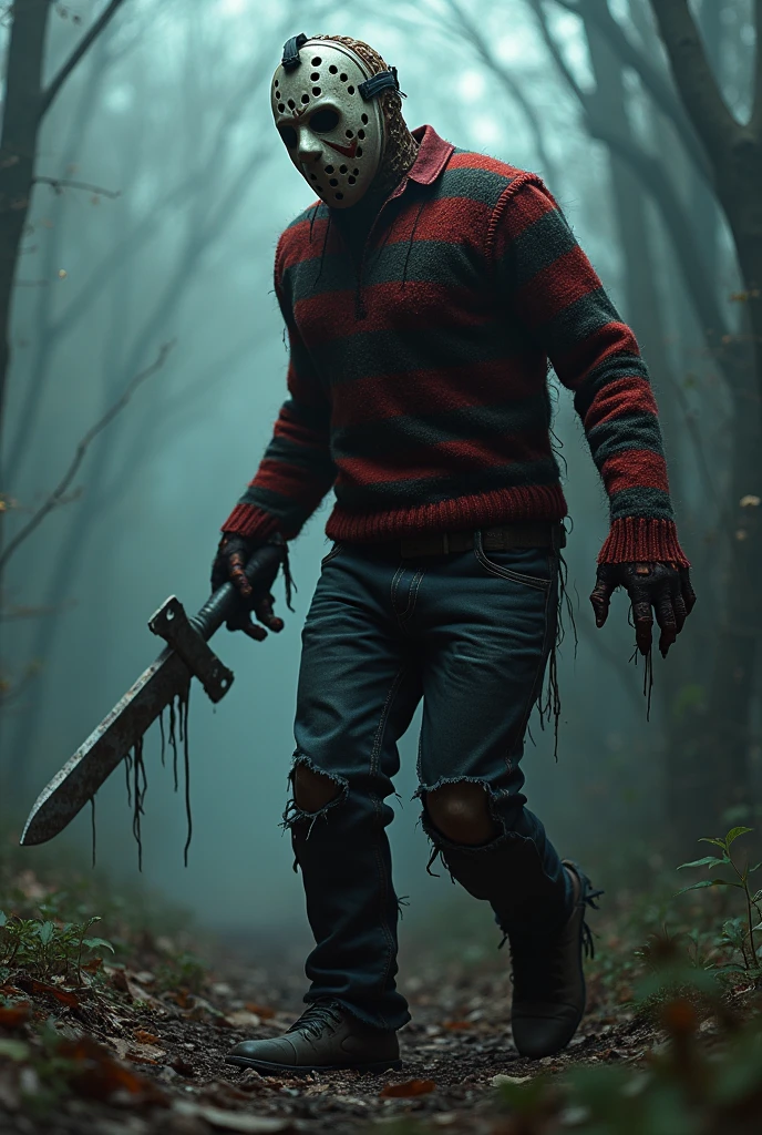 sinister and cruel killer clown with a chainsaw in a camp going to end a group of agers running in panic and afraid of the clown trying to find a shelter in the middle of the dark and gloomy forest and using flashlights