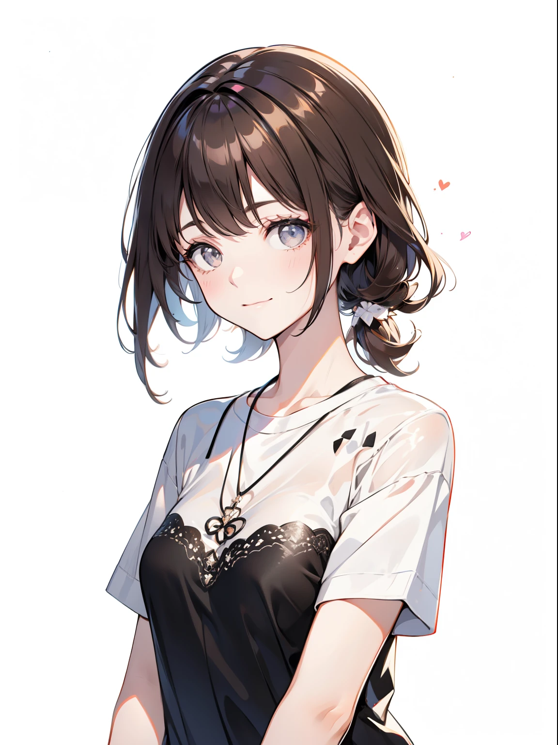 1 girl, Alone,  best quality,  super detailed , minor, ( happy :1.4), Straight face,  Closing Her Mouth ,  medium hair、 asymmetrical bang ,   brown hair,  black eyes ,  ,  from the front ,  diagonally above,  portrait, T-Shirts, Simple in black, whole body,  private clothes,  standing,  with a white background that looks like it was written with a pencil,Black and White,
