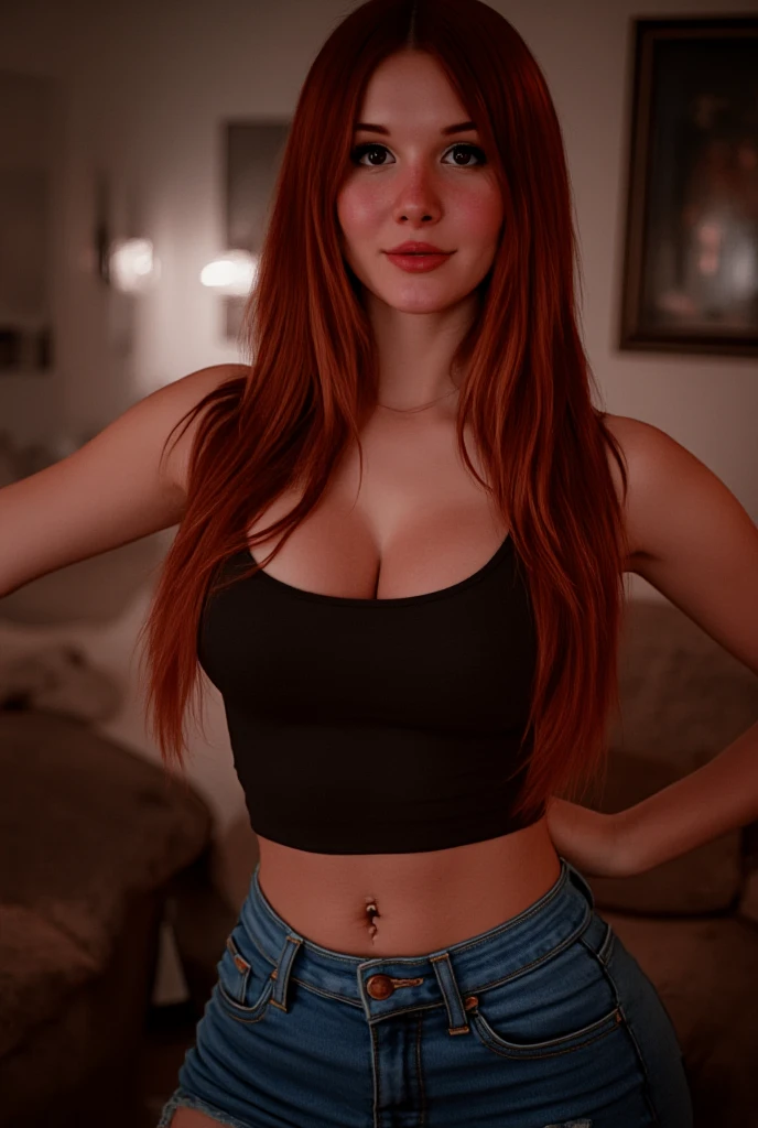 Madikat lexmar wearing tube top and high-waisted jeans, Cinematic photography, movie mood, cinematic light, compelling composition, storytelling elements, conveys emotion, mood, and narrative depth, creating visually striking images that feel like still frames from a film, redhead 